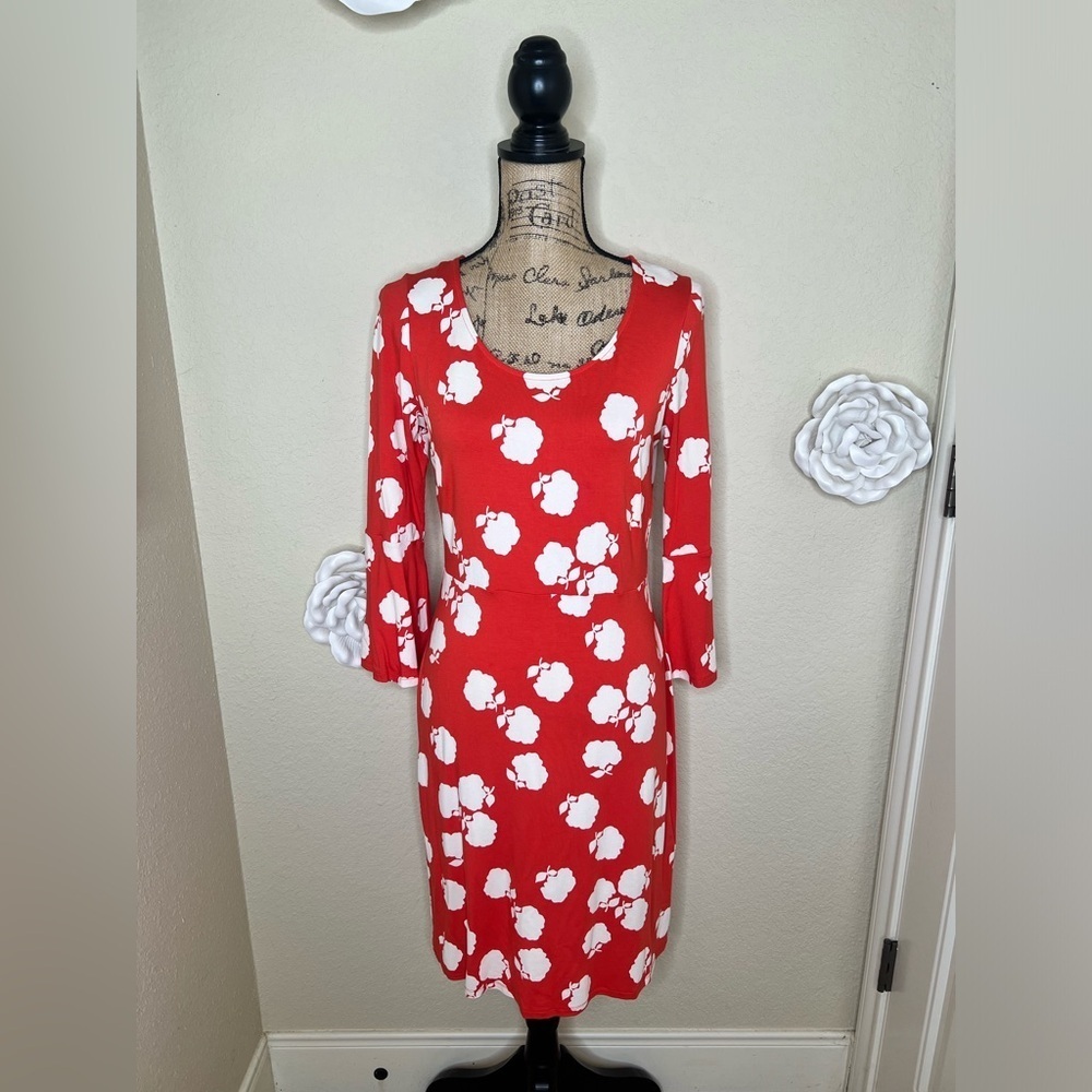 Boden Miriam Dress in Reddish Orange Floral Print with Bell Sleeves Sz 8L